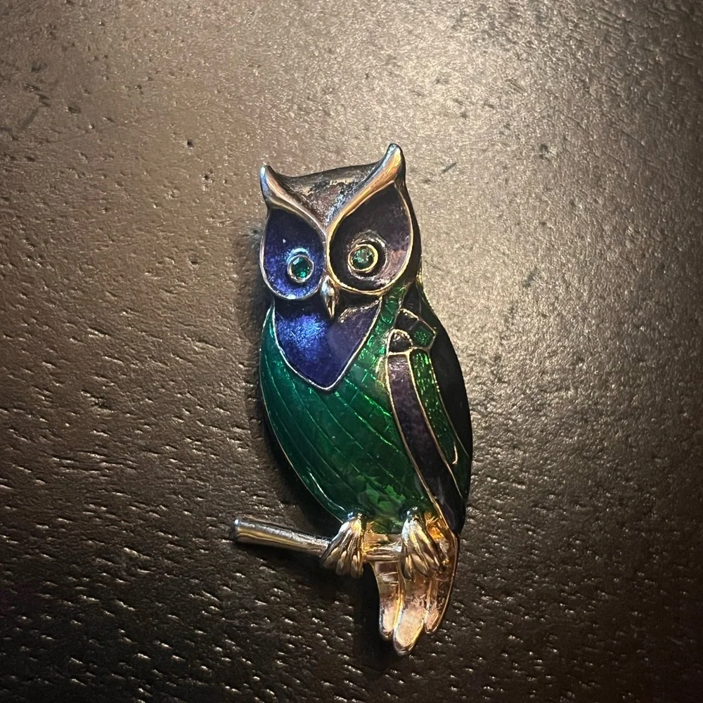 Vintage Green and Blue Enamel Owl Brooch